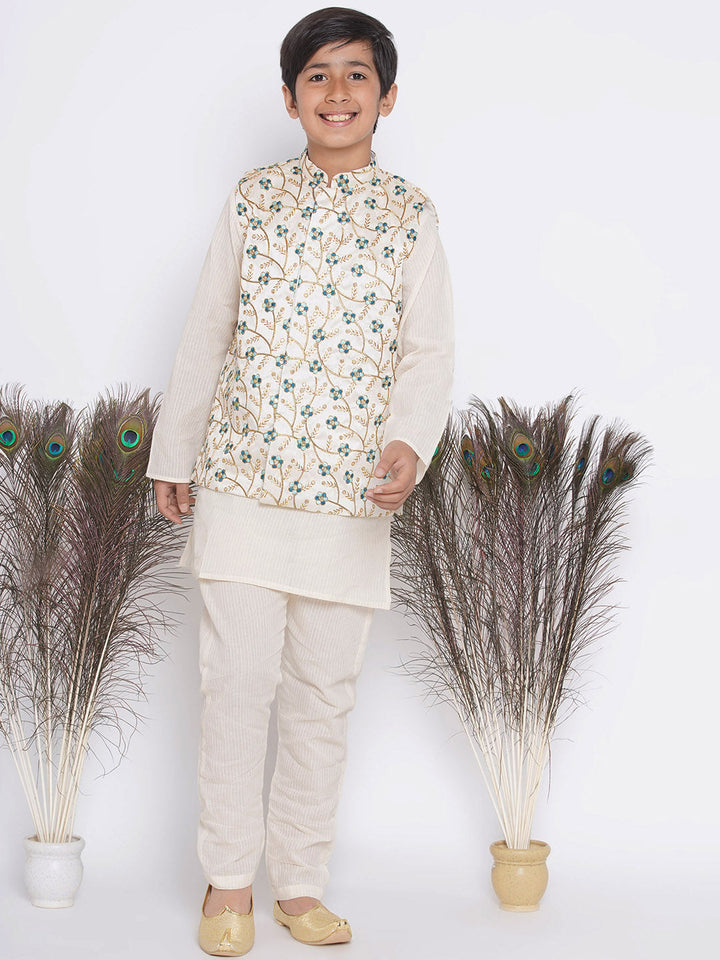 Silk Blue Floral Embroidery Jacket with Cotton Kantha kurta and Kantha Pyjama | SHOBITAM