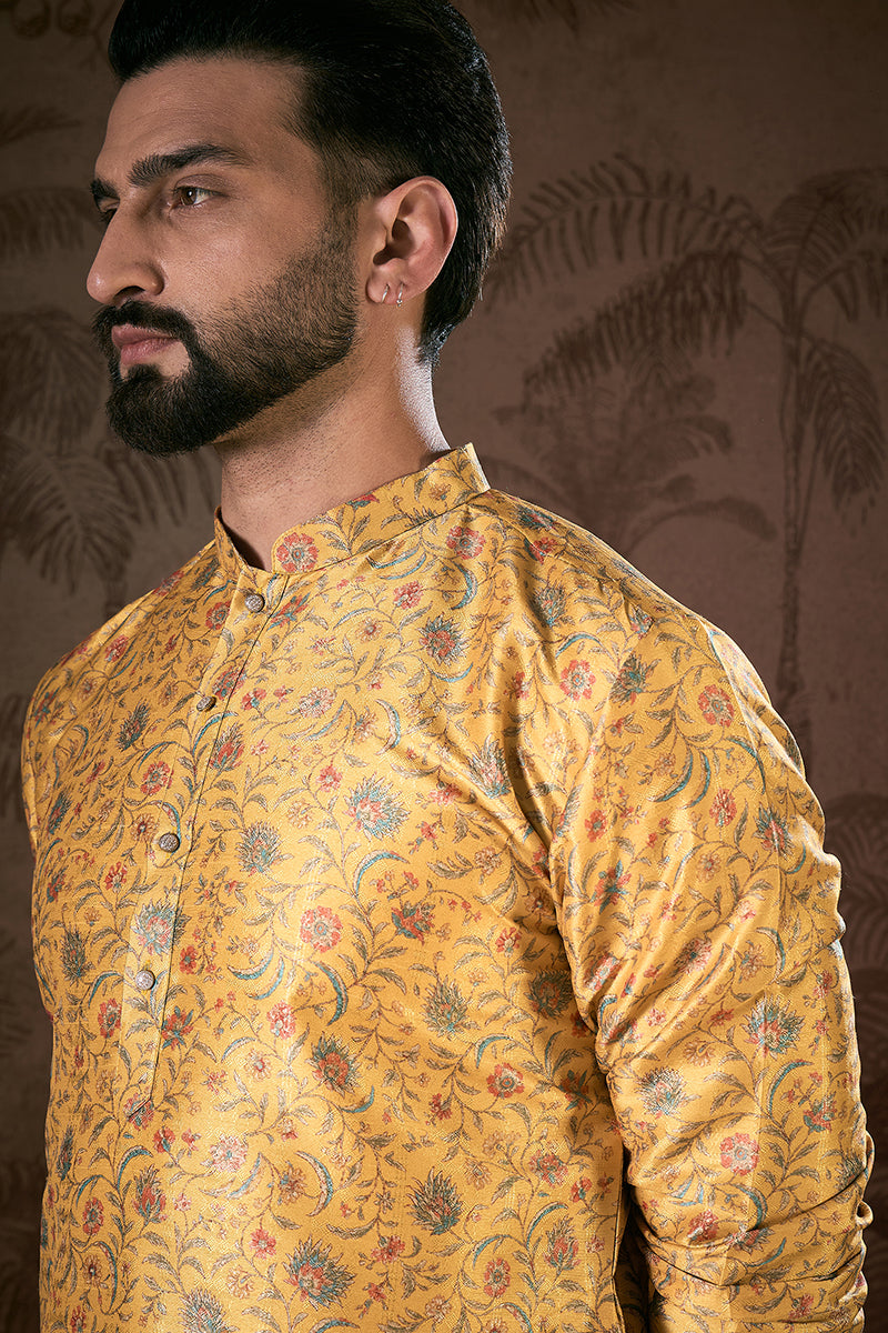 Yellow Silk Blend Floral Printed Straight Kurta For Men | SHOBITAM