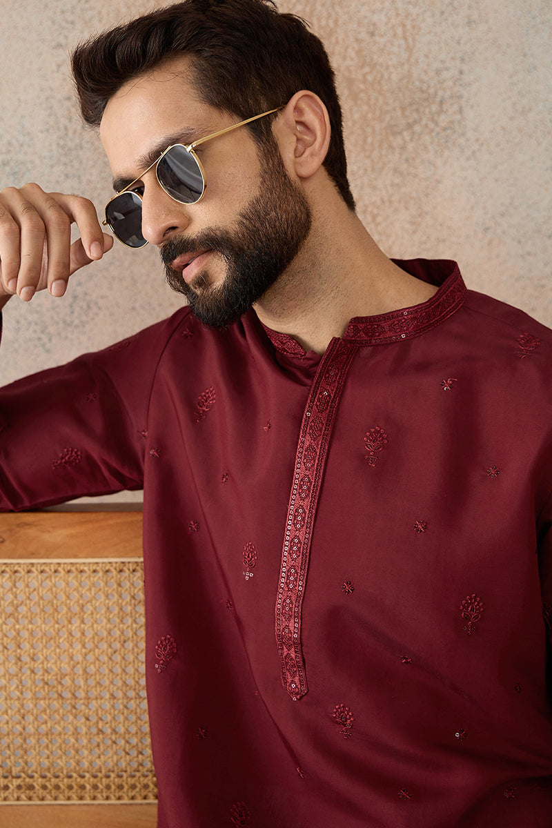 Mens Maroon Silk Blend Solid Emboidered Straight Kurta With Trouser | SHOBITAM