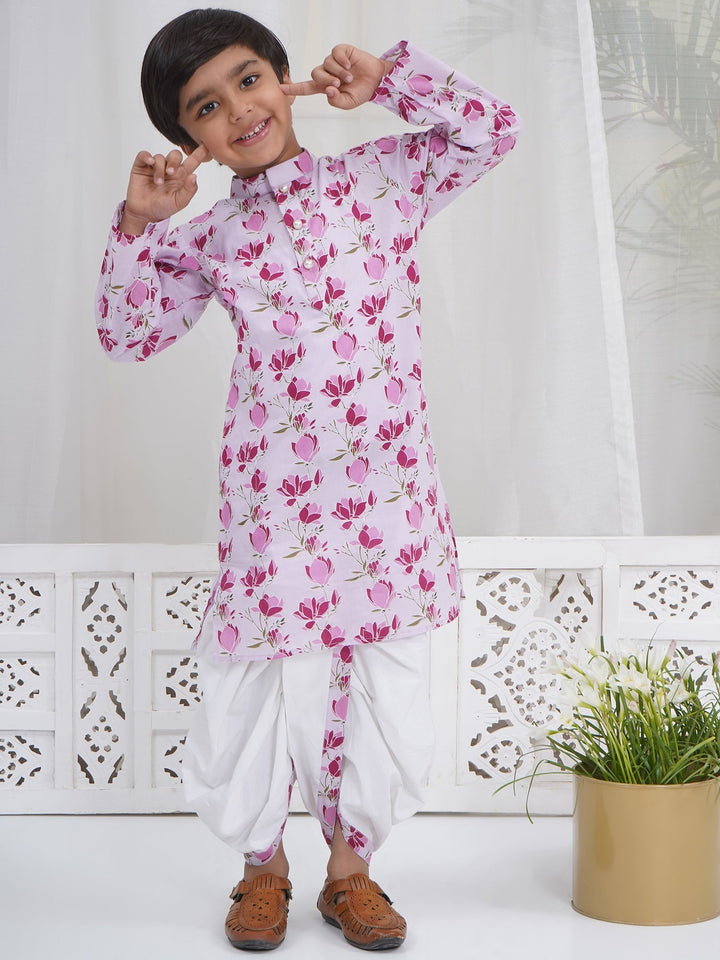 Boys Lavender Cotton Lotus Kurta Dhoti Set | SHOBITAM