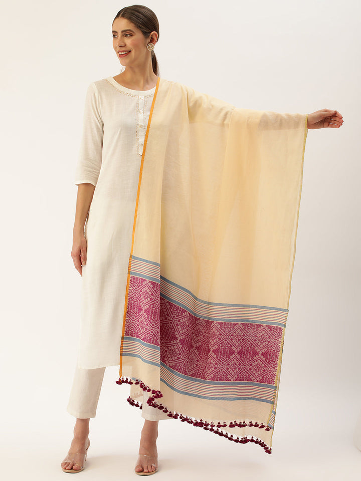 Beige and Violet Assamese Cotton Dupatta | SHOBITAM