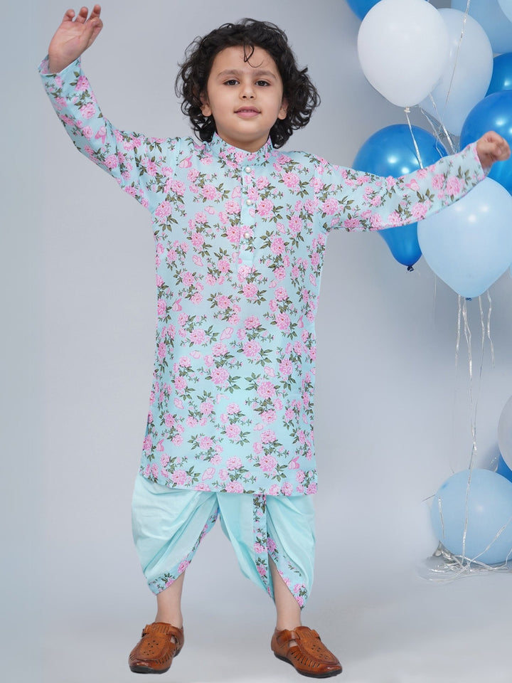 Boys Blue Muslin Floral Butterfly Dhoti Kurta Set  | SHOBITAM