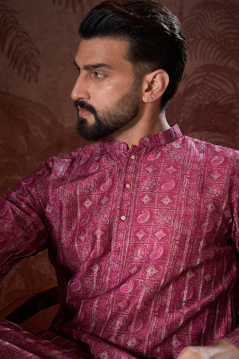 Maroon Silk Blend Ethnic Motifs Printed Straight Kurta For Men | SHOBITAM