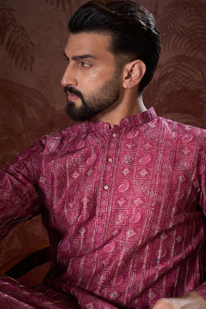 Maroon Silk Blend Ethnic Motifs Printed Straight Kurta For Men | SHOBITAM