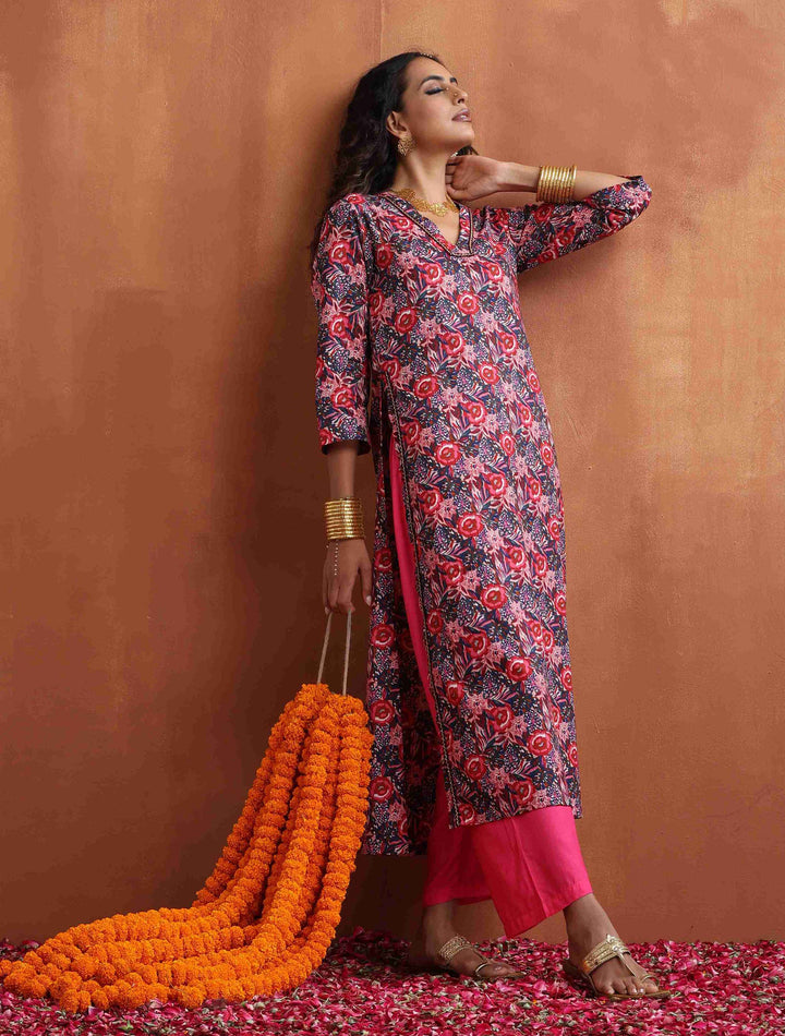 Pink Print High Slit Kurta Set | SHOBITAM