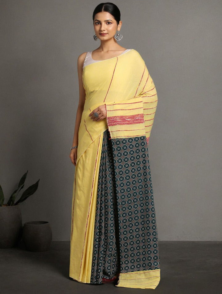 Yellow Green Ajrak Print Khesh Saree with Blouse piece | SHOBITAM