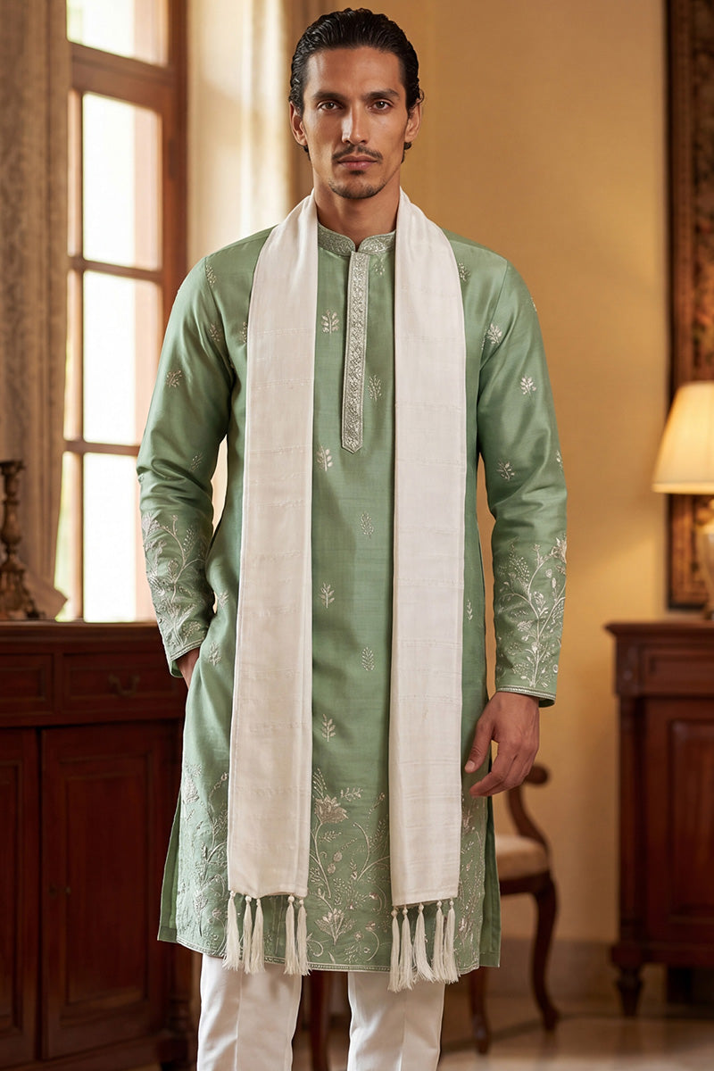 Men Green Silk Blend Solid Embroidered Straight Kurta Sets  | SHOBITAM