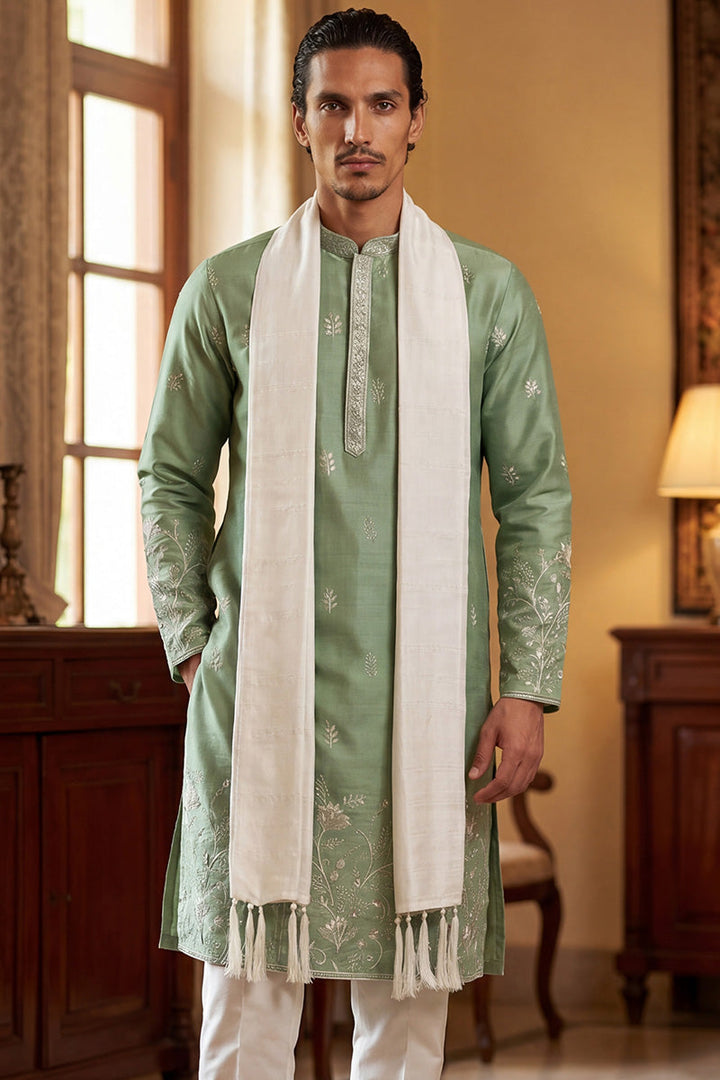 Men Green Silk Blend Solid Embroidered Straight Kurta Sets  | SHOBITAM