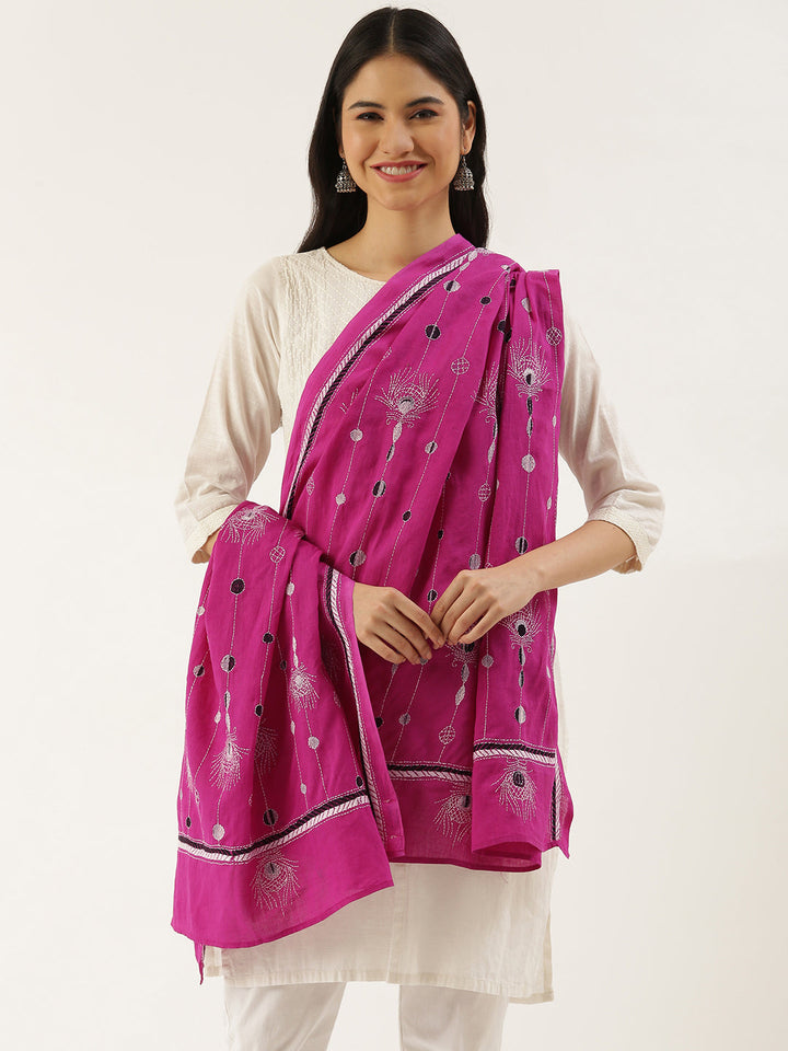 Pink Feathery Kantha Cotton Dupatta | SHOBITAM