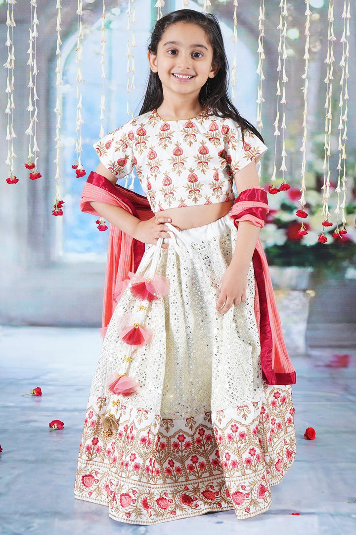 Girl Bageecha Floral Thread work Blouse with Mirror work Lehenga and Sequin moti work Dupatta, accompanied with Hand made tassel and Ghungroo work | SHOBITAM