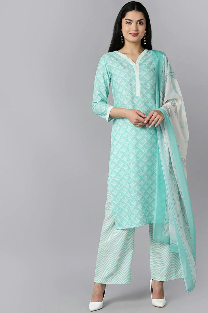 Sea Green Polyester Straight Kurta Palazzo With Dupatta | SHOBITAM