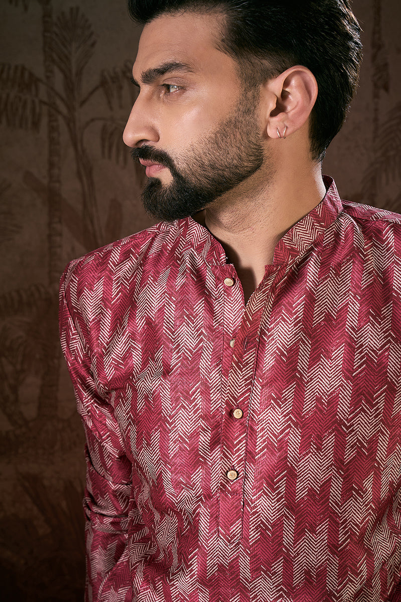 Maroon Silk Blend Chevron Printed Straight Kurta For Men | SHOBITAM