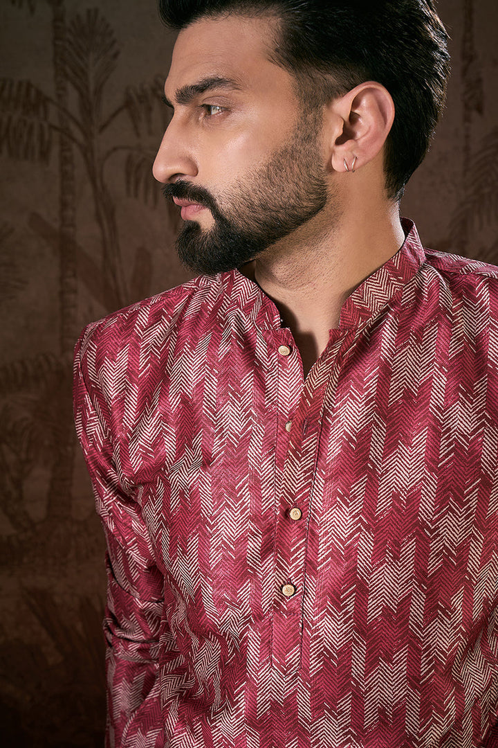 Maroon Silk Blend Chevron Printed Straight Kurta For Men | SHOBITAM