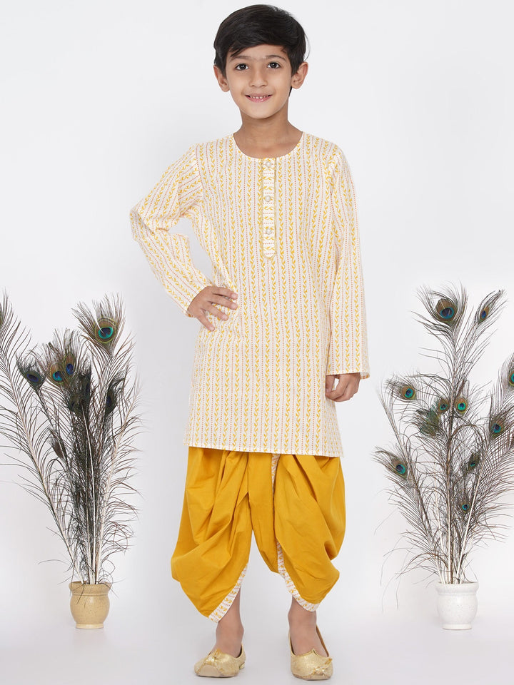 Boys Leaf Print Kurta with Pearl Buttons and Dhoti in Cream and yellow  | SHOBITAM