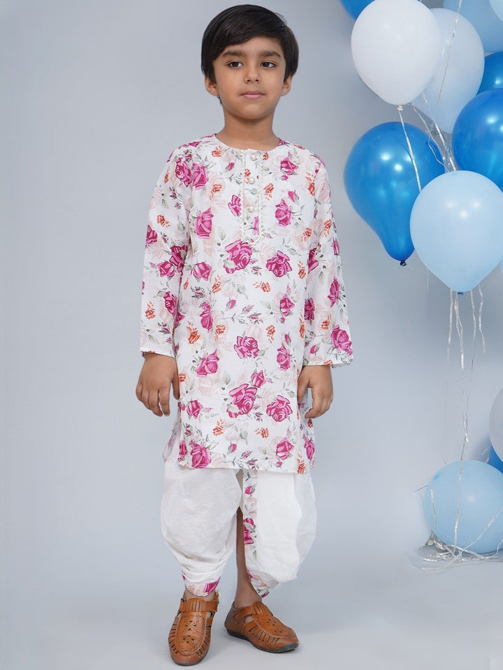 Boys Cream Muslin Garden Rose Dhoti Kurta Set | SHOBITAM