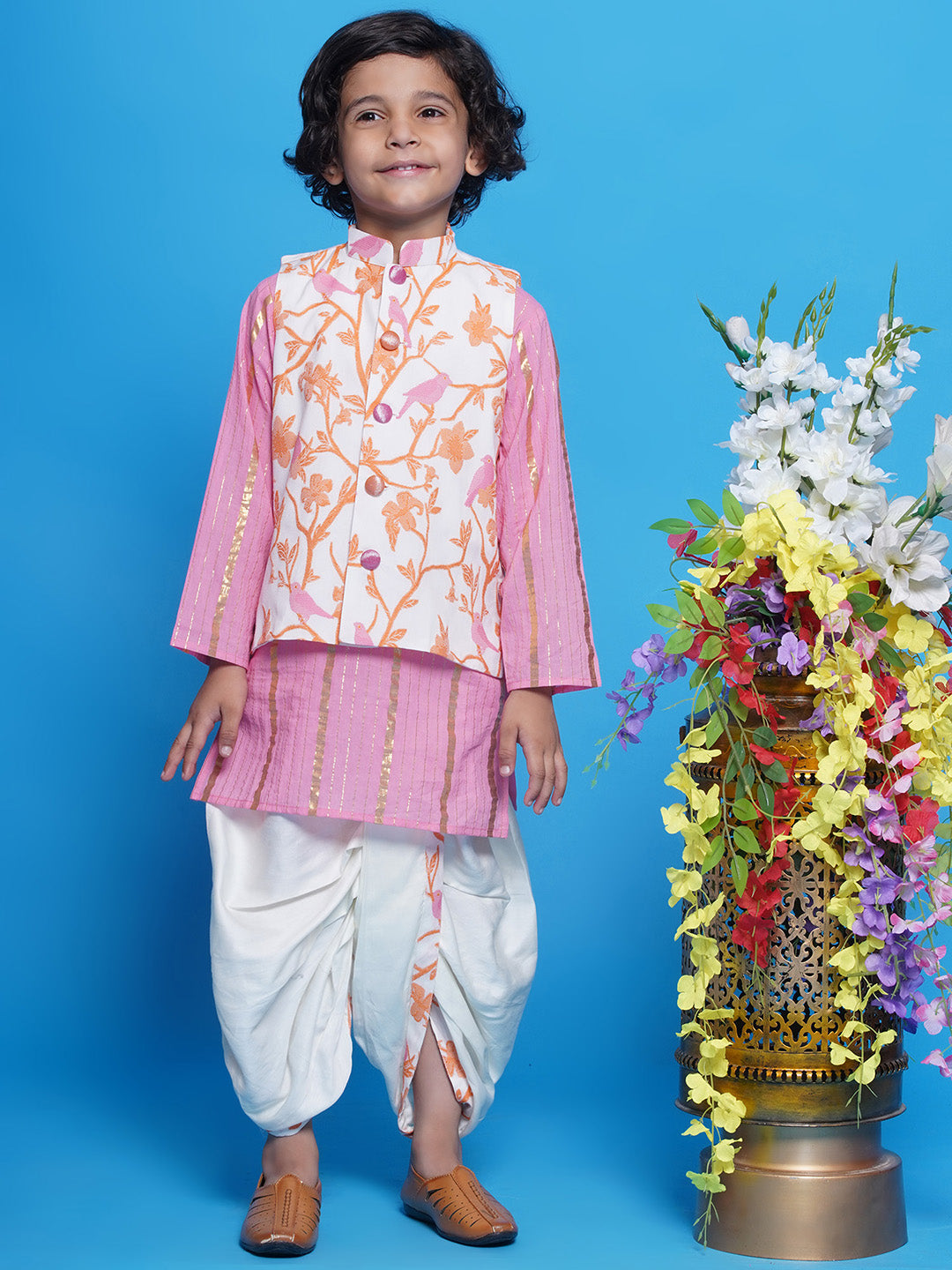 Cotton Sleevelees Floral Bird Thread Embrodiery Nehru Jacket with Striped Kurta and Dhoti - Pink and Cream | SHOBITAM
