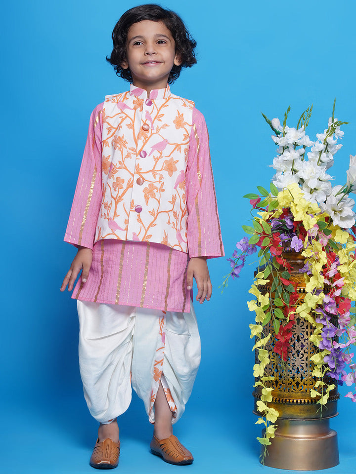 Cotton Sleevelees Floral Bird Thread Embrodiery Nehru Jacket with Striped Kurta and Dhoti - Pink and Cream | SHOBITAM