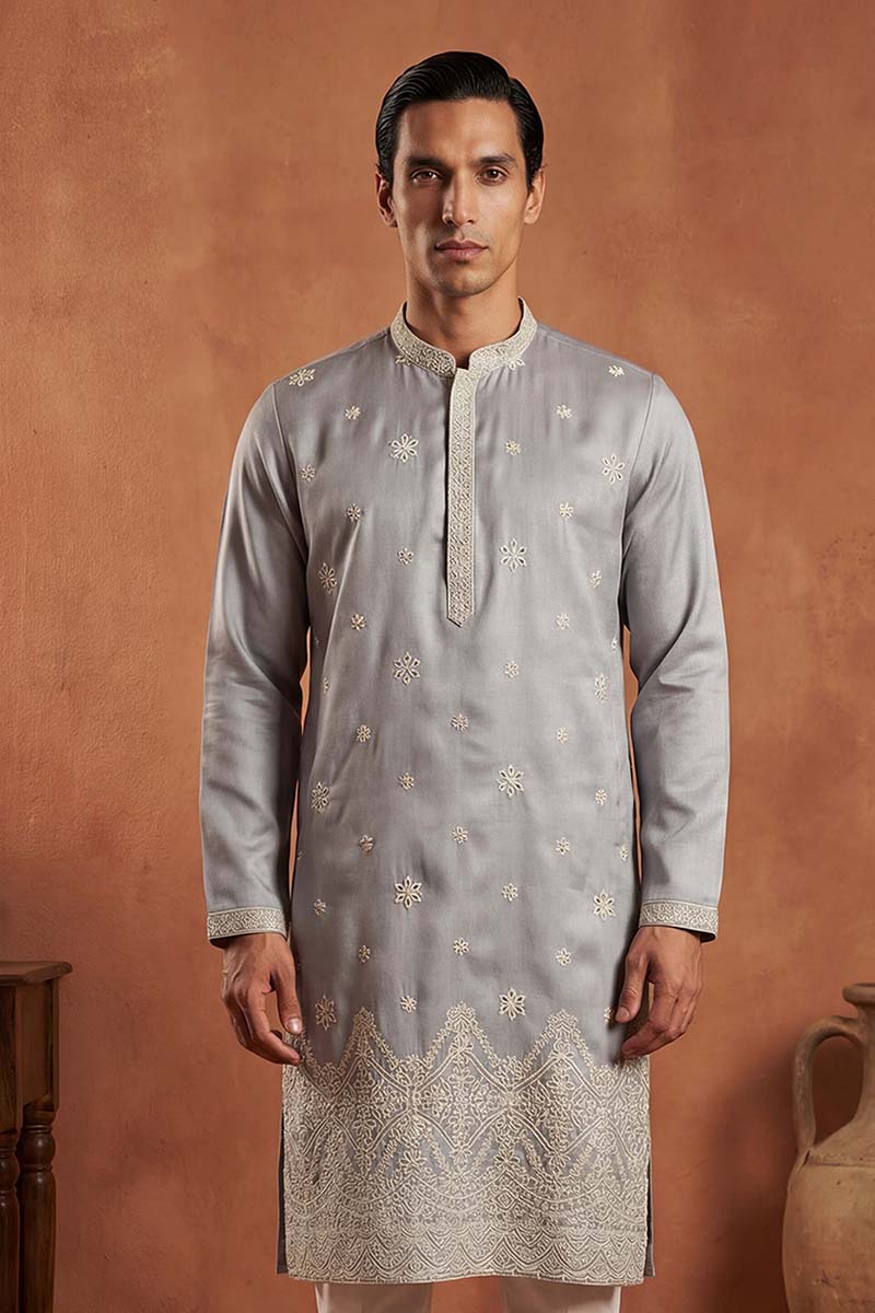 Mens Blue Silk Blend Solid Embroidered Kurta With Trousers | SHOBITAM