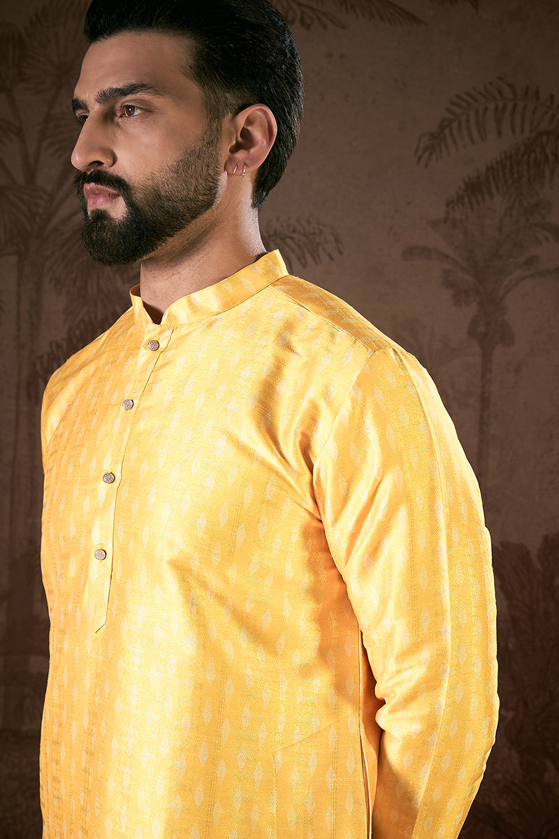 Yellow Silk Blend Ethnic Motifs Printed Straight Kurta For Men | SHOBITAM