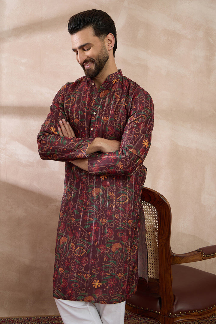 Maroon Silk Blend Printed Mandarin Collar Straight Kurta | SHOBITAM