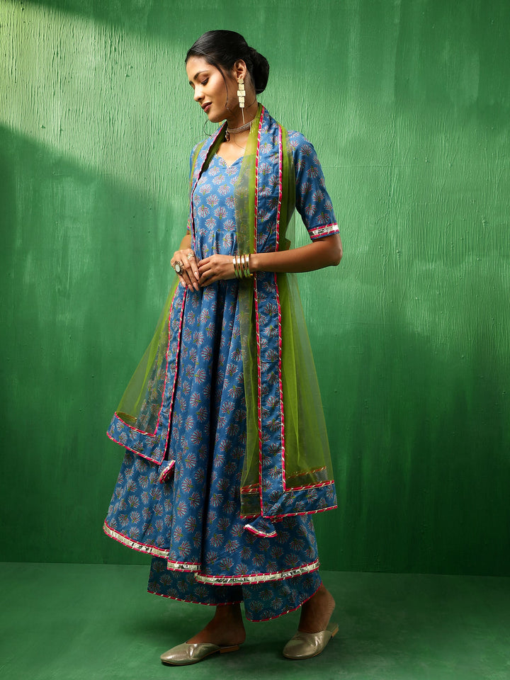 ADAA LOTUS BLUE COTTON ANARKALI SET | SHOBITAM