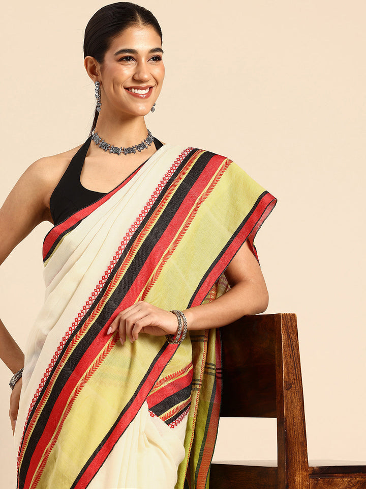 White Green Red Cotton Saree with Blouse piece | SHOBITAM