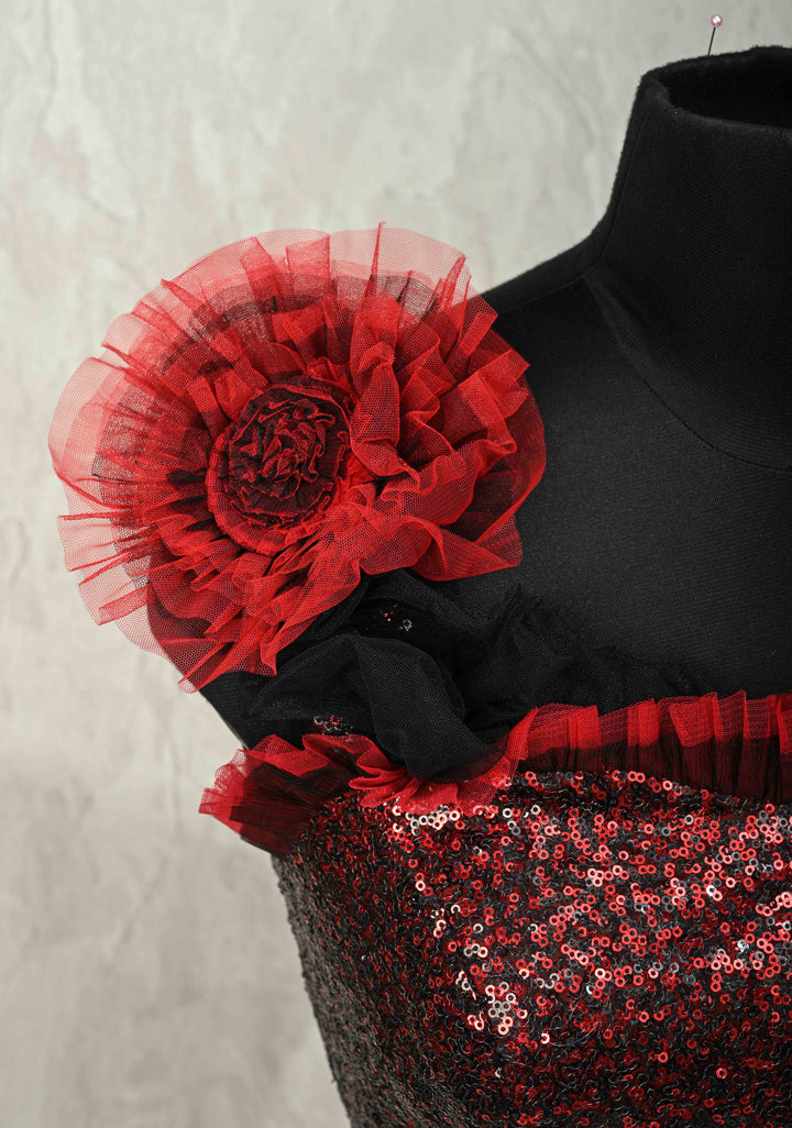 SIZE 36" Red & Black Sequin Corset Strappy Crop Top Blouse with Ruffled 3D Flower Detail and Lace-Up Back