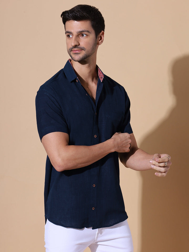 Ocean Blue Khadi Half Sleeve Cotton Shirt