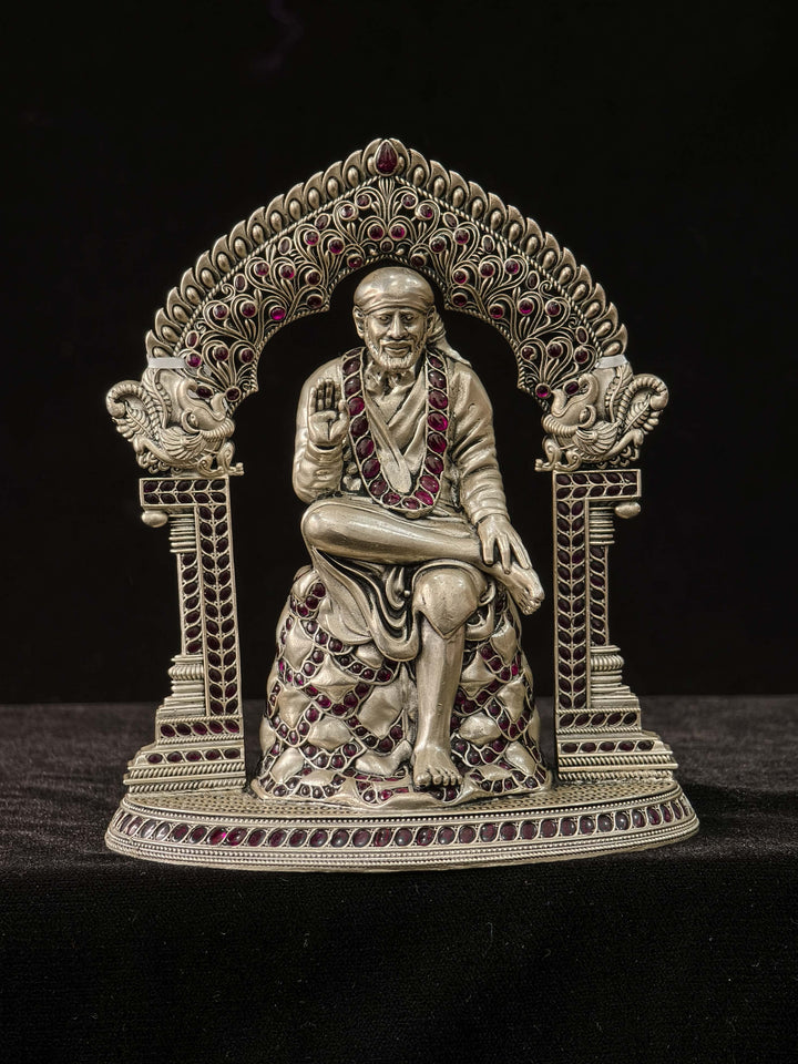 Pure 92.5 Silver Sai Baba 2D Idol With Red Kemp Stone And Peacock Arch Detailing