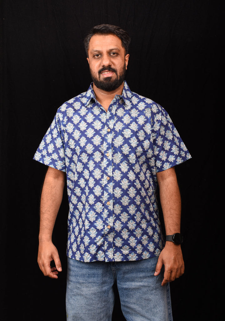 Blue White Bagru Handblock Printed Cotton Mens Shirt Heer