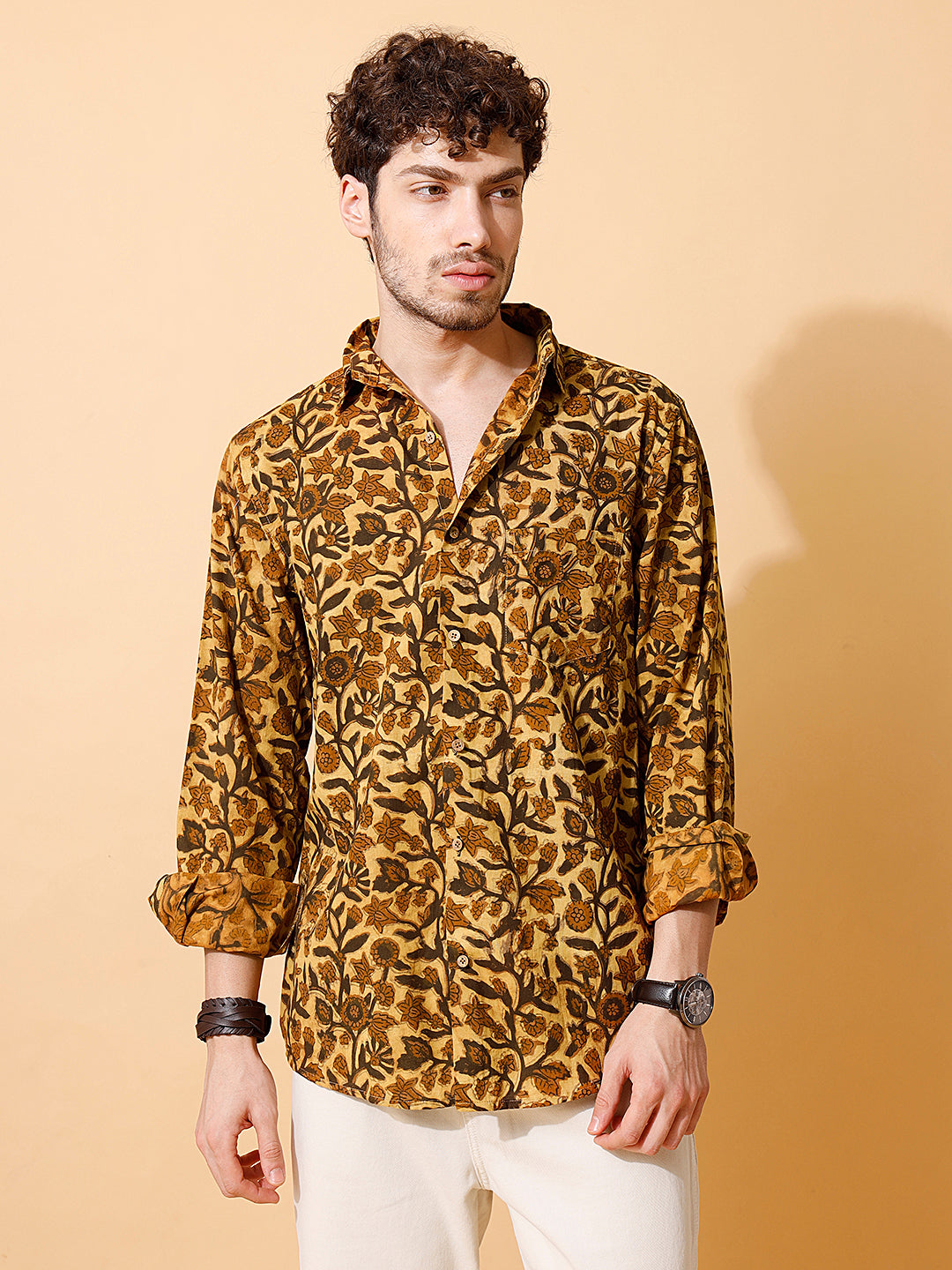 Amber Ajrakh Full Sleeve Cotton Shirt in Mustard for Men