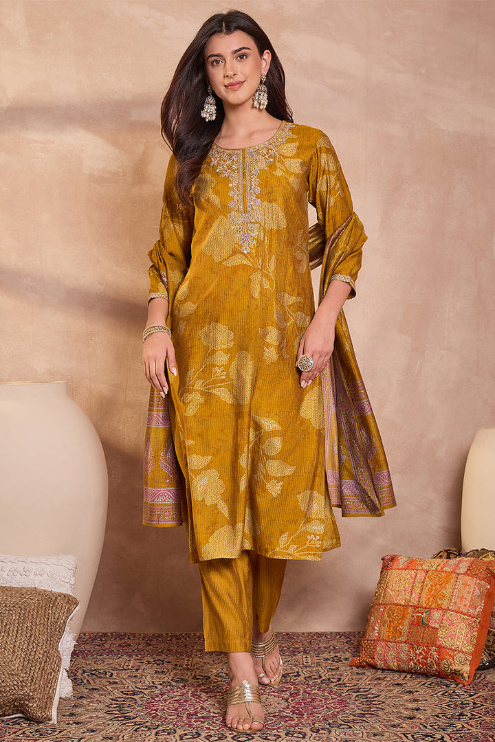 Mustard Silk Blend Floral Printed Straight Kurta Trouser With Dupatta | SHOBITAM
