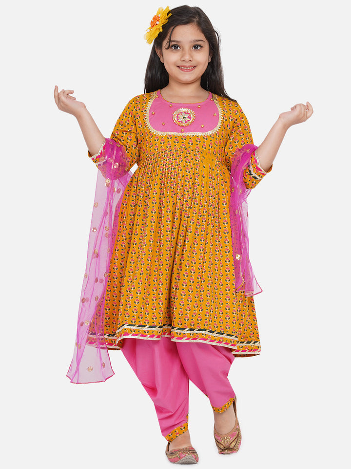 Girls Jaipuri Print Kurta Frock with Salwar in Yellow & Pink