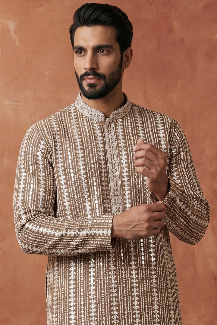 Brown Rayon Blend Embroidered Straight Kurta With Trousers | SHOBITAM