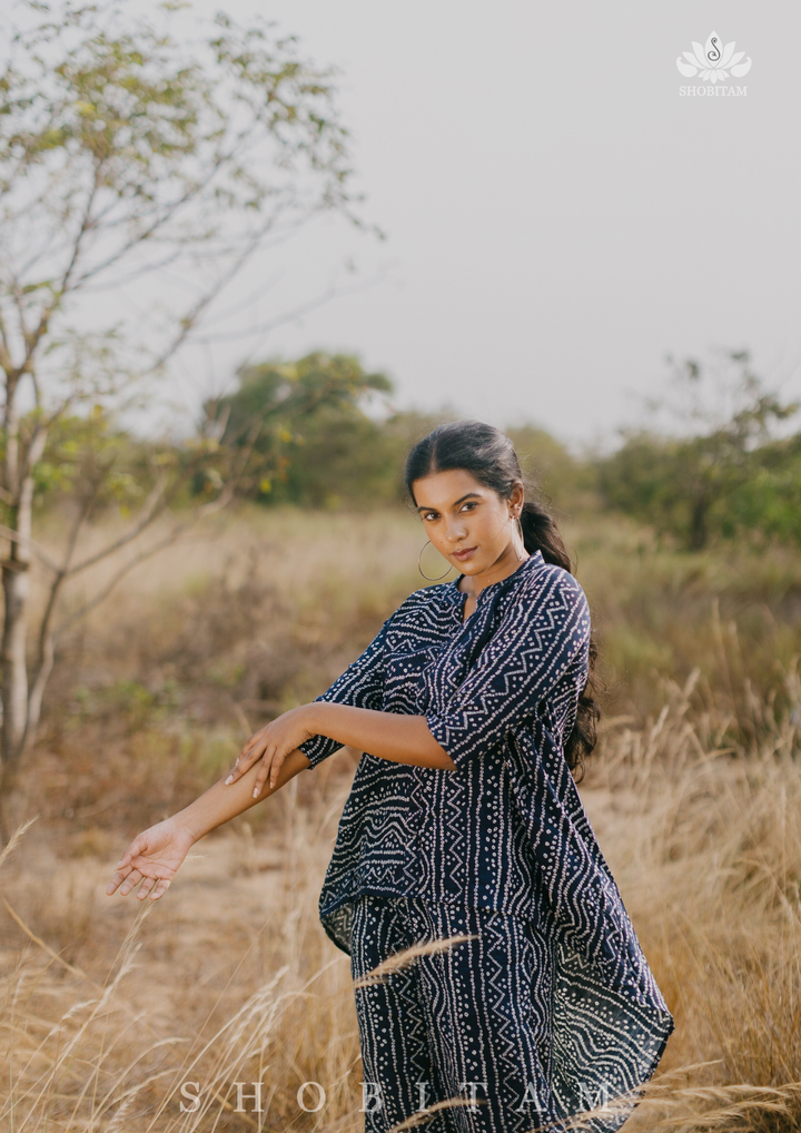 Co-ord set in Navy Blue with Bandhni Print on Rayon Cotton | Made To Order