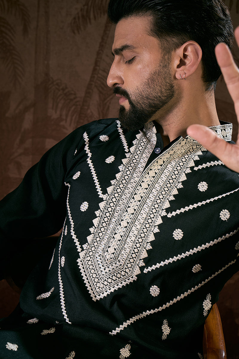 Black Silk Blend Solid Embroidered Straight Kurta For Men | SHOBITAM