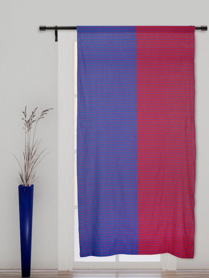 Blue Red Striped Cotton Door Curtain- Single Panel | SHOBITAM