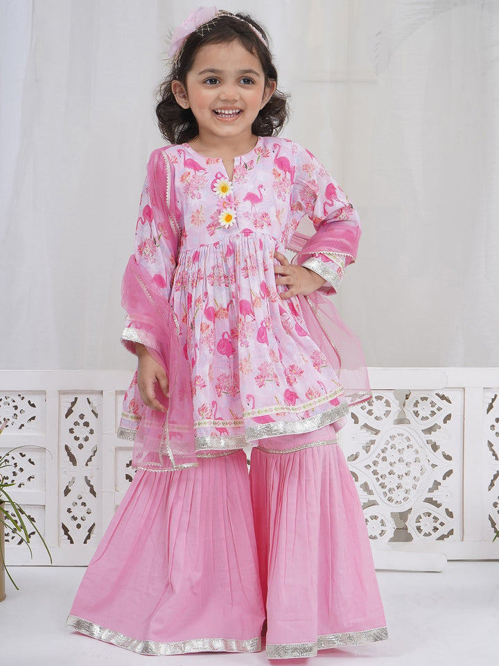 Girls Pink Muslin Flamingo Kurta Sharara Set with Dupatta and Cotton Lining | SHOBITAM