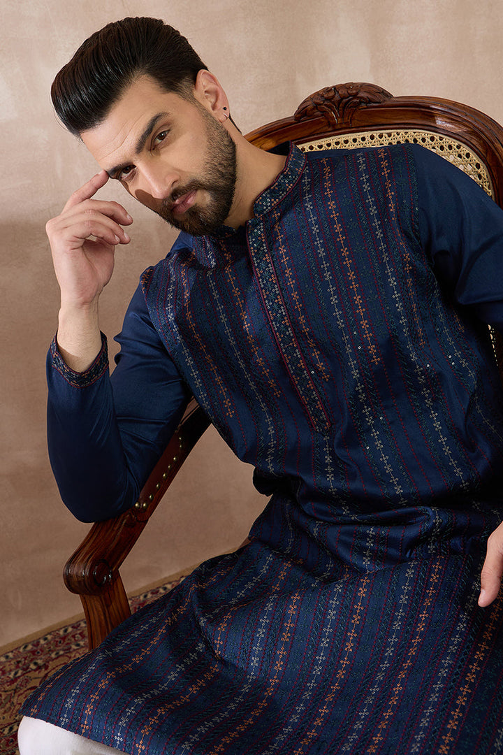 Navy Blue Silk Blend Embroidered Mandarin Collar Straight Kurta For Men | SHOBITAM