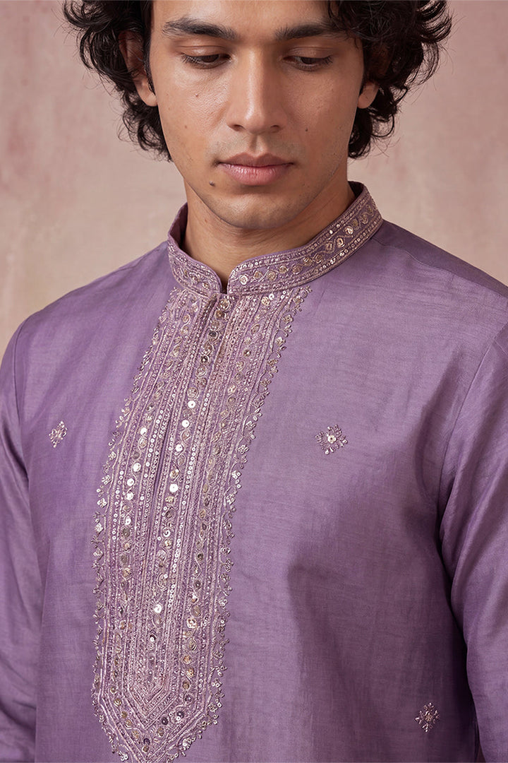 Mens Lavender Silk Blend Solid Emboidered Sequins Kurta With Trouser | SHOBITAM