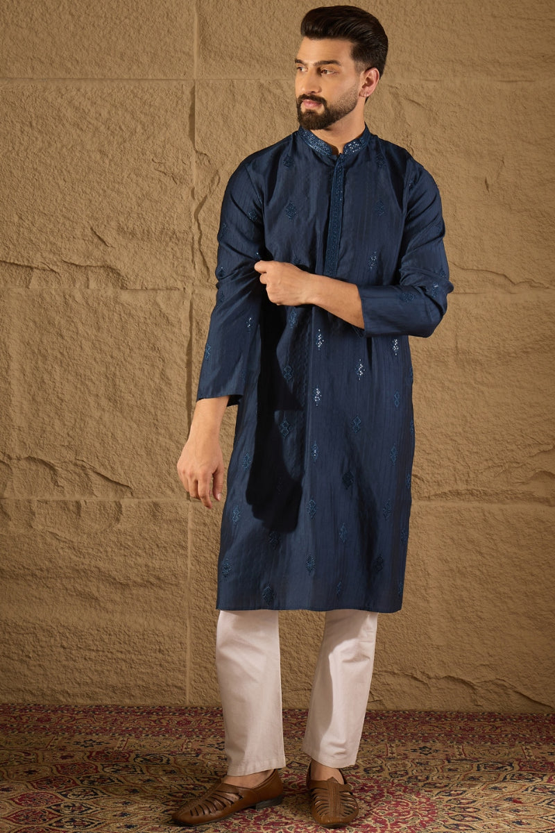 Blue Viscose Rayon Solid Embroidered Straight Kurta | SHOBITAM