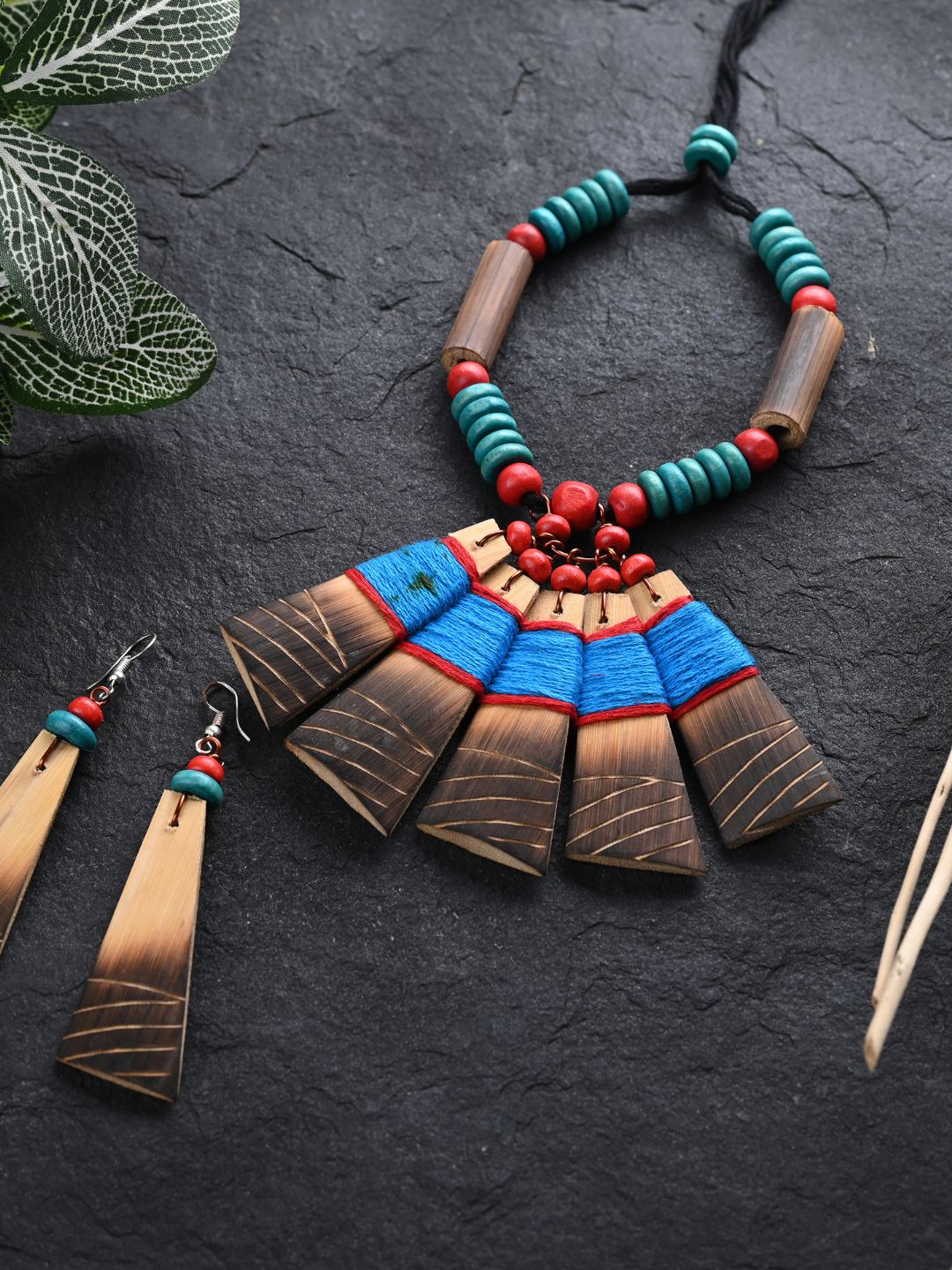Handmade Sky Blue Red Bamboo Tribal Jewellery Set | SHOBITAM