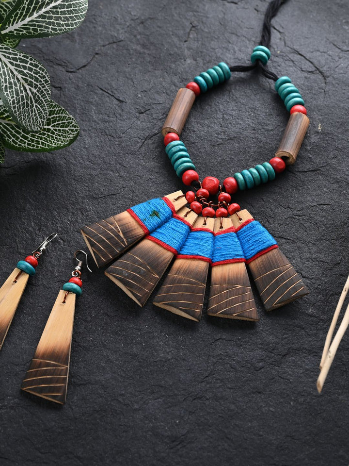 Handmade Sky Blue Red Bamboo Tribal Jewellery Set | SHOBITAM