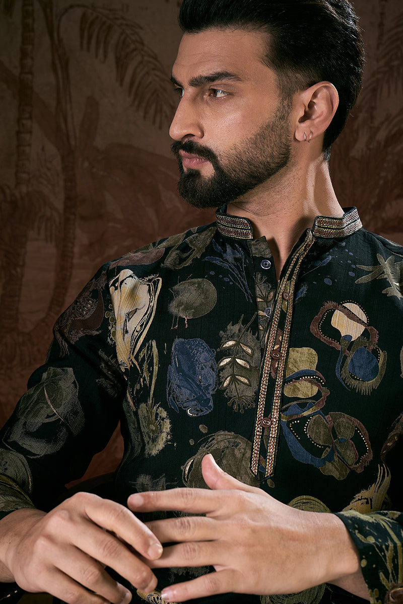 Black Silk Blend Floral Printed Straight Kurta With Trouser| SHOBITAM