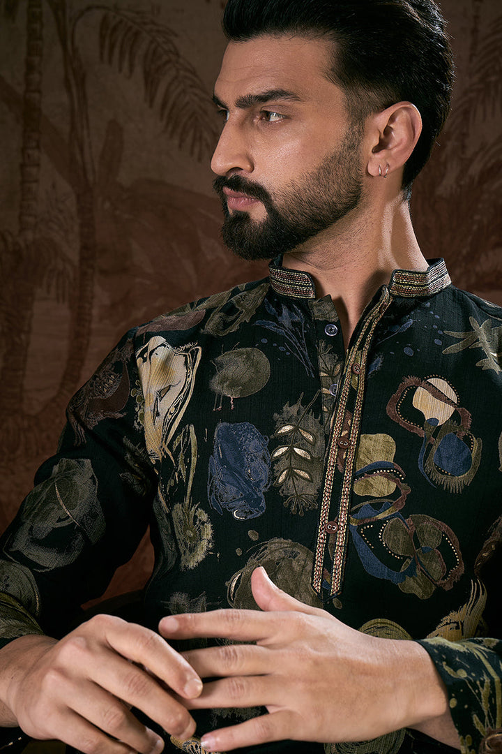 Black Silk Blend Floral Printed Straight Kurta With Trouser| SHOBITAM