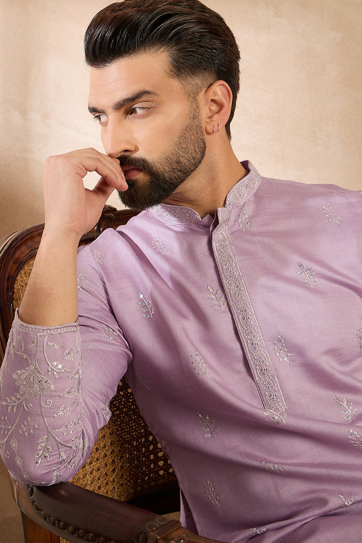 Lavender Silk Blend Floral Embroidered Straight Kurta | SHOBITAM