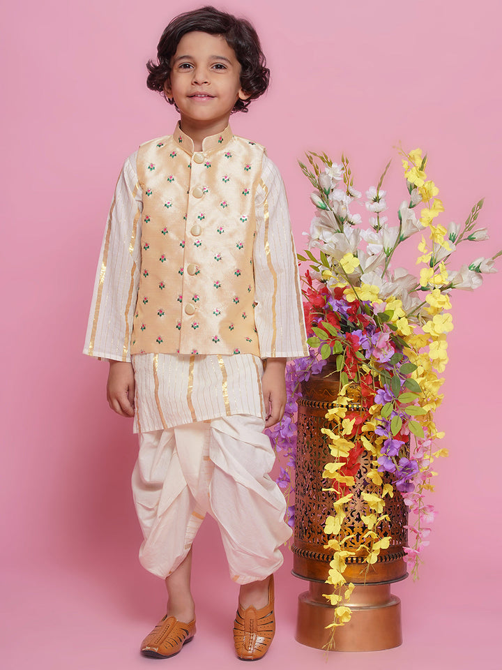 Cotton Full Sleeves Kurta with Floral Embroidery Nehru Jacket and Dhoti -Cream | SHOBITAM