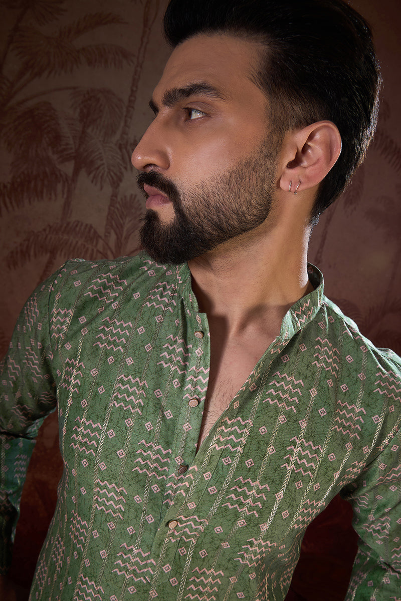 Green Silk Blend Ethnic Motifs Printed Straight Kurta With Trouser | SHOBITAM
