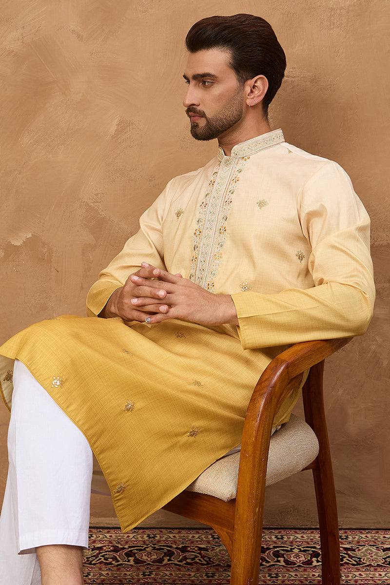 Yellow Silk Blend Solid Embroidered Straight Kurta | SHOBITAM