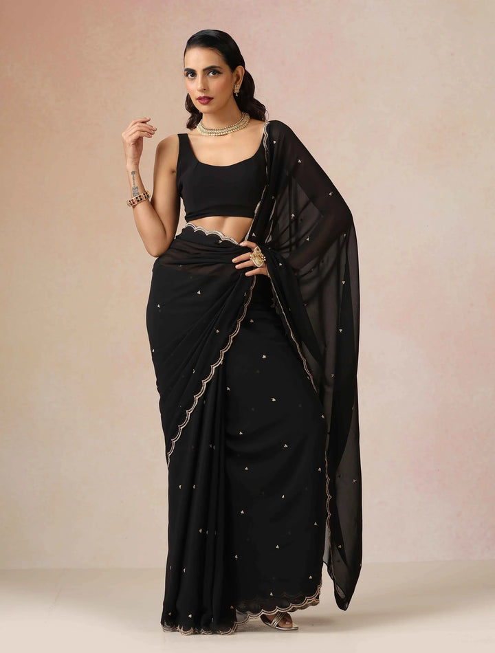Black Georgette Embroidered Saree With unstitched Blouse | SHOBITAM
